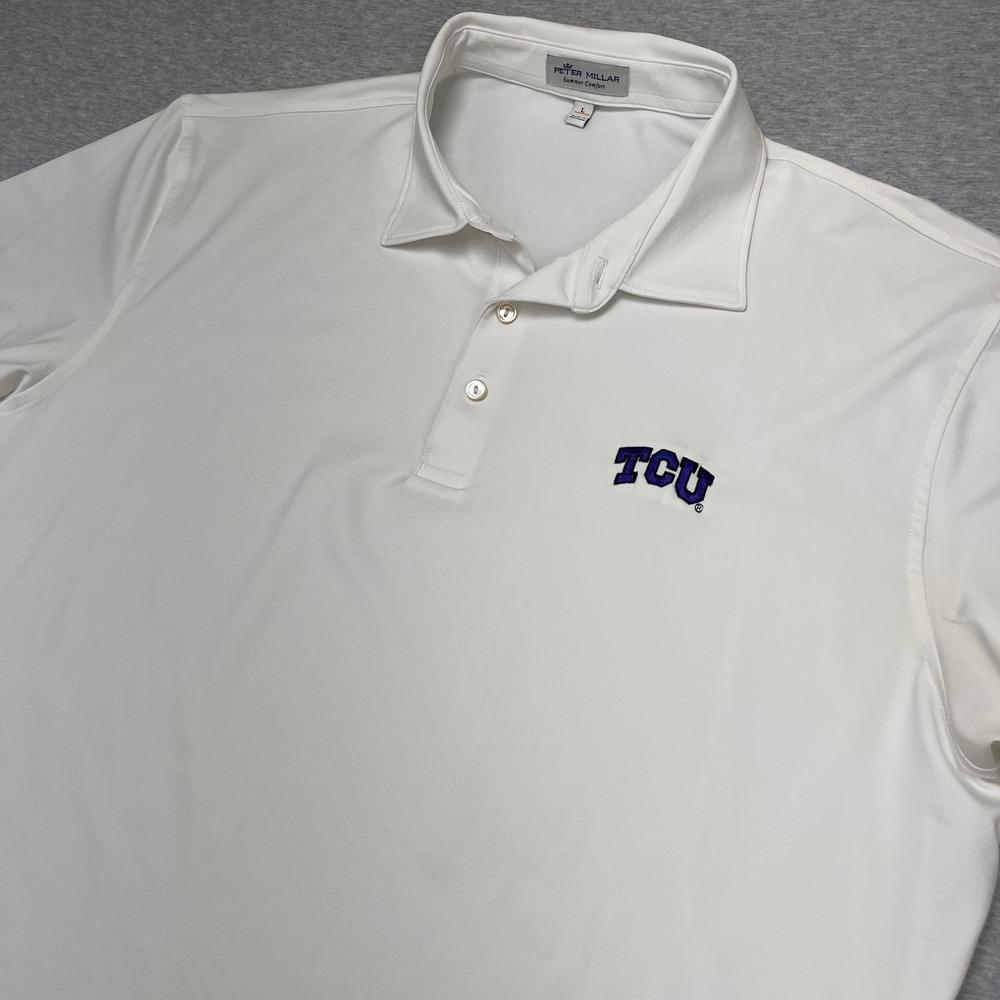 TCU Peter Millar Polo Men L Summer Comfort White NCAA Football Horned Frogs EUC